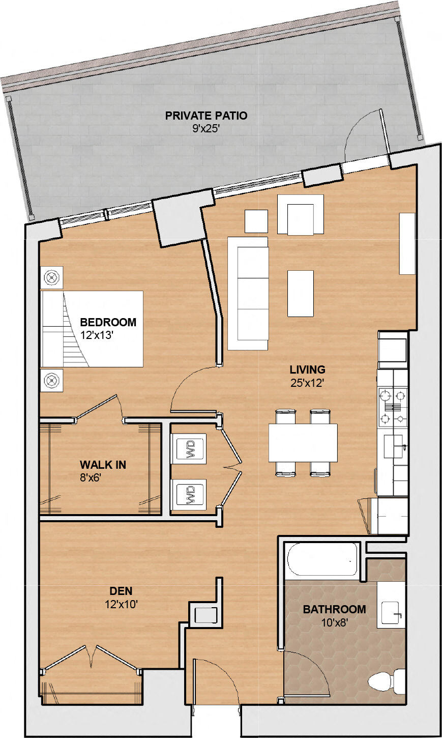 Floor plan for 1 bed, 1 bath, 899 sqft